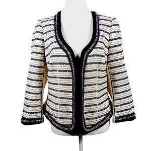 White House Black Market, SZ 10 Navy/White Ivory Striped Tweed Jacket, Sparkle